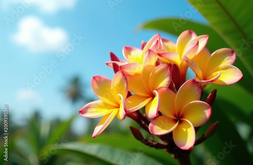 Close up yellow plumeria flowers cluster with red edges against blue sky. Green leaves and palm trees blurred background suggest tropical island resort.