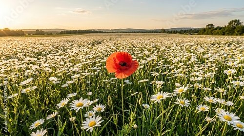 Conceptual scene of one red poppy among white daisies symbolizing individuality in golden light
