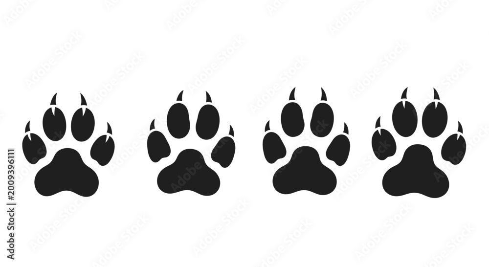 Fototapeta premium Animal Paw Prints - Four Black Silhouettes on White Background