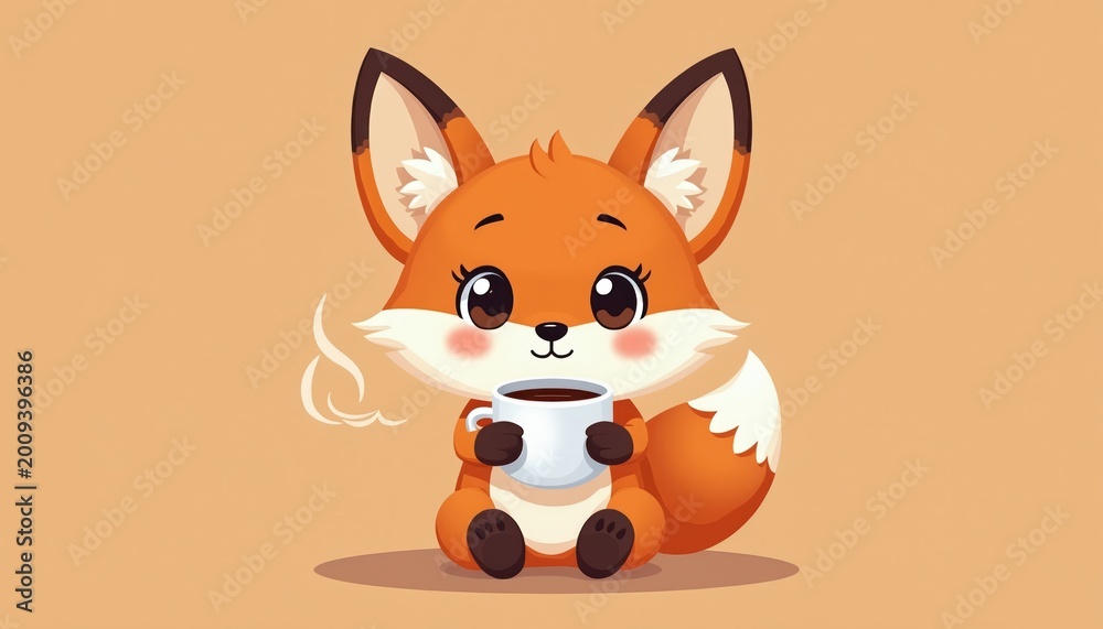 Fototapeta premium Cute cartoon fox sits holding white mug with hot drink. Small animal has big eyes and cheerful expression. Enjoying warm beverage on solid color background.