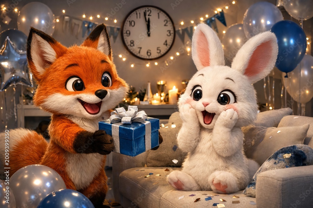 Naklejka premium Adorable fox presenting gift to excited white bunny in festive setting with balloons and fairy lights. concept of friendship, celebration, cute animal interaction