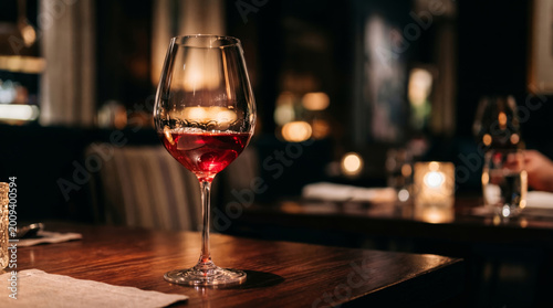Glass of red wine on wooden table beneath warm candlelight in cozy restaurant setting. concept of elegant dining, wine appreciation, relaxing evening atmosphere, copy space