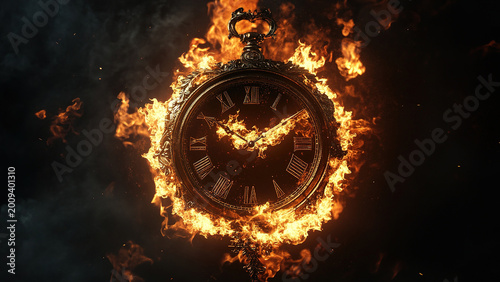 fire burning clock time on dark cloudy sky background, hot