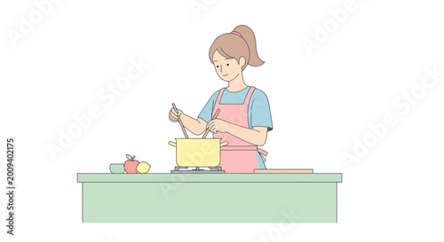 Fotografie Woman cooking in kitchen, stirring pot on stove, healthy lifestyle, home cooking