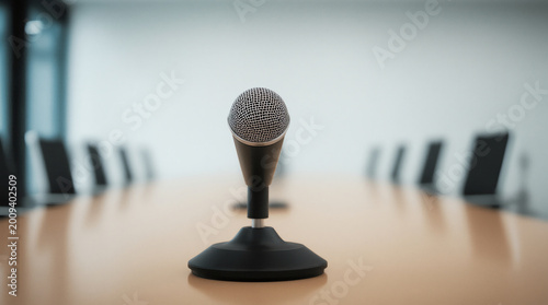 Conference microphone on conference table. Sound amplification equipment for communicating in boardrooms 