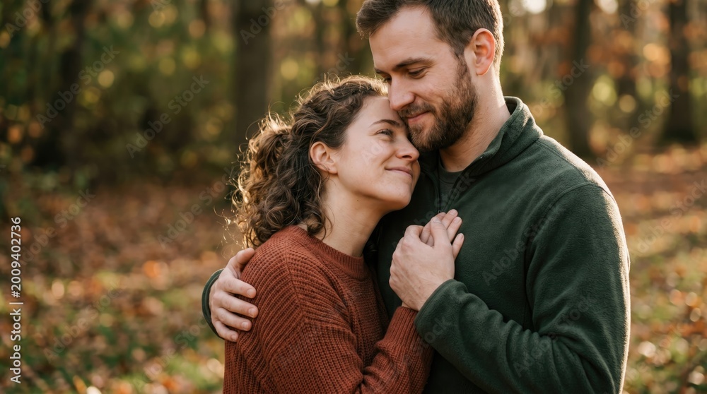 Fototapeta premium A couple shares a warm, affectionate embrace in a forest during autumn, surrounded by fallen leaves and soft natural light.