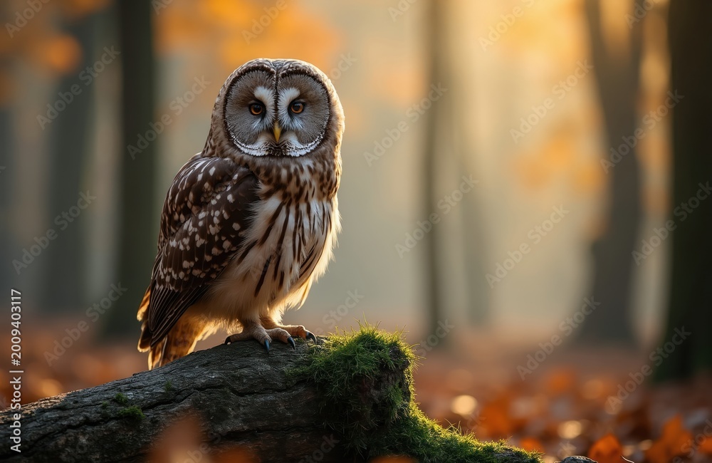 Fototapeta premium Barred owl sits on mossy log in autumn forest. Sunlight filters through trees, creating soft light. Bird has patterned feathers, alert gaze. Background shows fall leaves and mist.