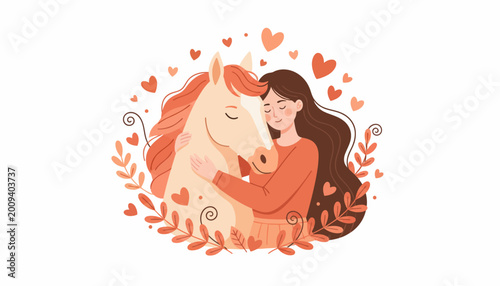 Whimsical woman hugging horse, cute cartoon illustration, heart design elements, love animal vector