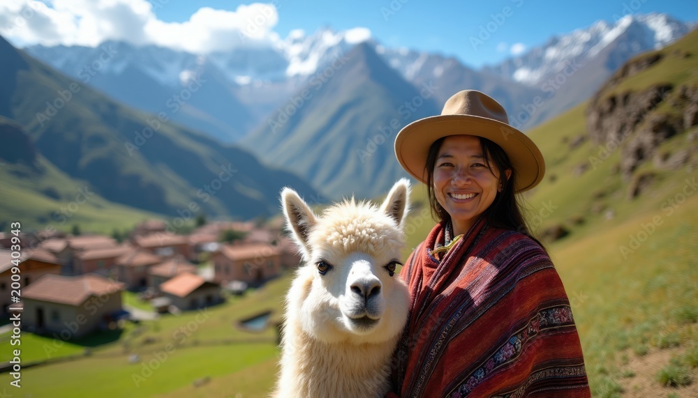 Fototapeta premium Smiling woman in hat wears traditional poncho near fluffy llama against Andes mountain village backdrop. Native female and animal, rural Peru travel scene.