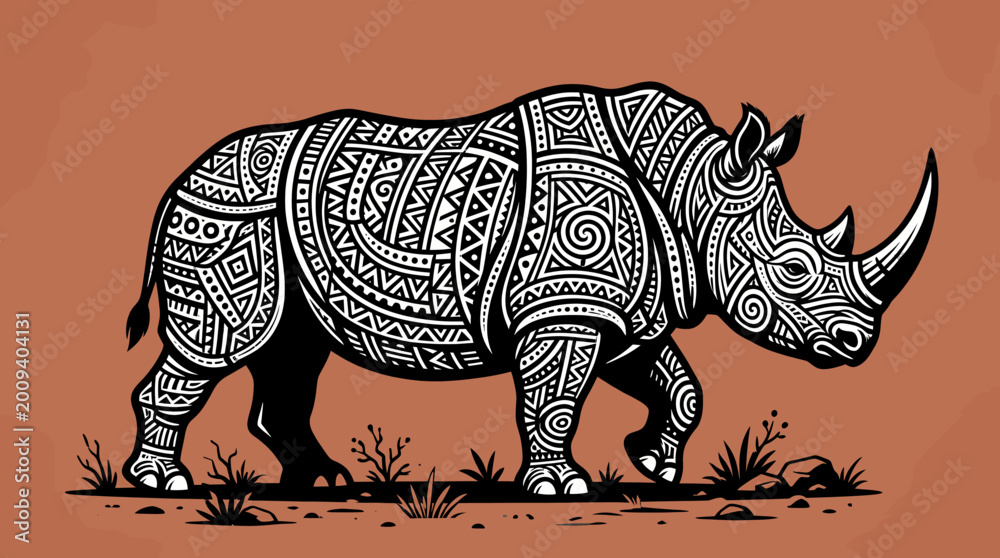 Fototapeta premium Tribal Stenciled Rhinoceros Illustration with Geometric Patterns