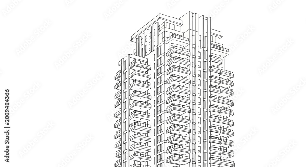 Fototapeta premium Architectural Line Drawing of a Modern Residential Skyscraper with Balconies