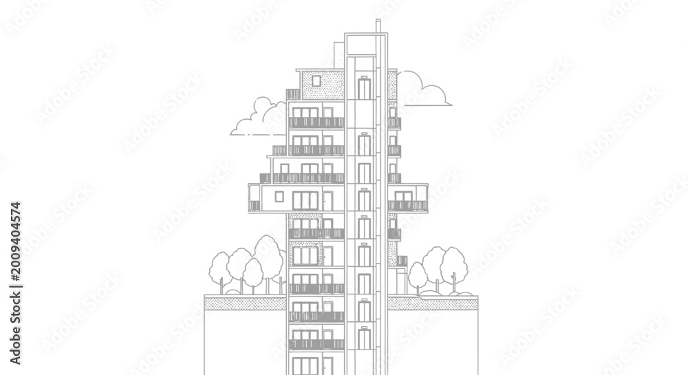 Naklejka premium Modern Minimalist Architectural Line Art Drawing of a Residential Apartment Building Elevation with Balconies and Landscape