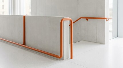 Orange handrail, minimalist architectural detail, bold geometric line, clean color contrast, modern design surface, realistic texture, polished editorial stock appeal, soft atmospheric depth, no logos