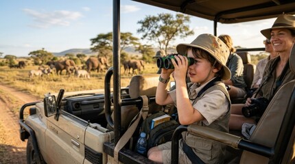 Child exploring safari with binoculars in a jeep, travel adventure concept, wildlife tourism mood, curious expression, warm natural light, realistic detail, polished family stock appeal, no logos