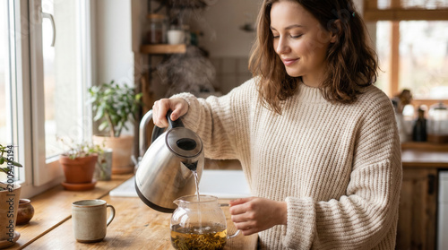 Young woman pouring hot water into glass teapot in kitchen  