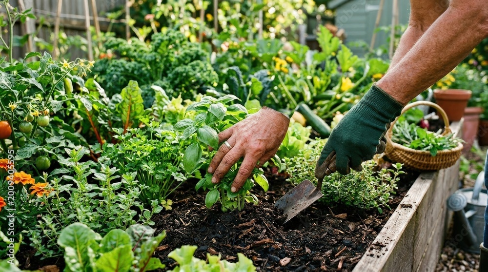 Fototapeta premium Hands tending to plants in a vibrant vegetable and herb garden, organic growing scene for sustainability, wellness, fresh food and home gardening themes, lush greenery, natural light, realistic detail