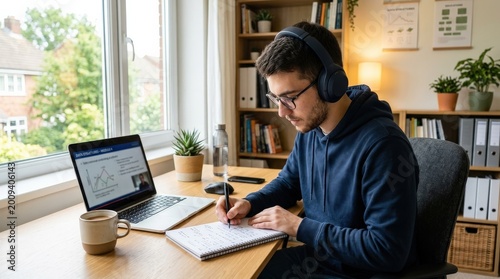 Young man studying at a desk with headphones in a bright room, focused education and remote learning lifestyle scene, student productivity, concentration and technology concept, notebook and laptop