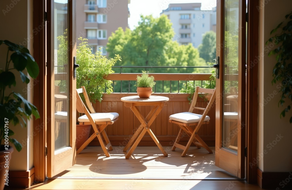 Naklejka premium Balcony with wooden table and chairs. Green plants on sunny urban terrace. Two chairs await, city view visible through open doors. Peaceful outdoor seating space.