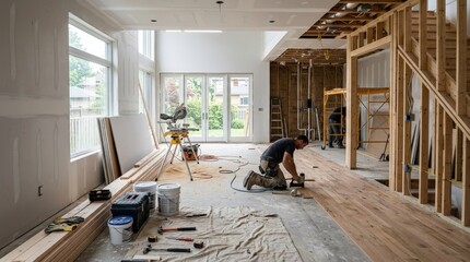Residential home renovation, modern remodeling and improvement concept, unfinished interior with tools and materials, construction progress in a house, real estate upgrade, practical craftsmanship,