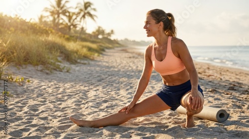Fit woman at the beach during summer vacation, sporty wellness and healthy lifestyle concept with warm coastal atmosphere, toned body and relaxed freedom mood, balanced composition, natural pose,