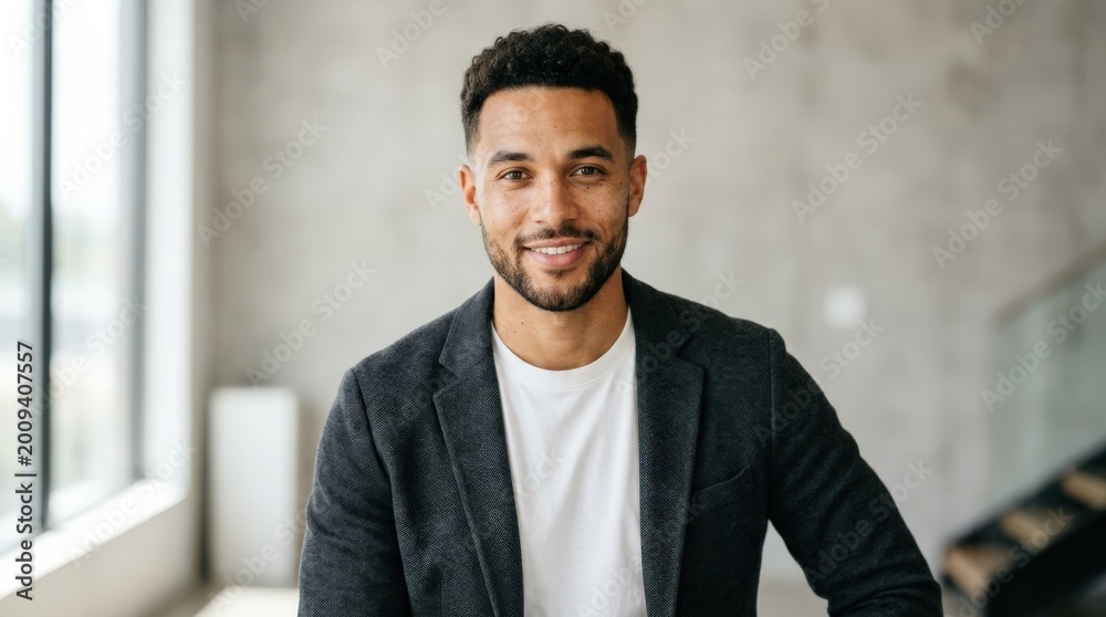 Fototapeta premium Handsome mixed race man looking at camera, clean portrait with confident expression, modern lifestyle and commercial appeal, minimal background, soft directional light, realistic skin texture and