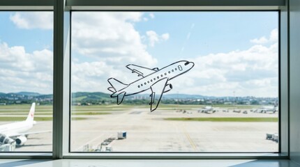 Airplane sketch on a window, travel imagination concept, simple aircraft drawing against daylight view, tourism and dreaming of flight theme, clean minimal composition, soft natural light, realistic