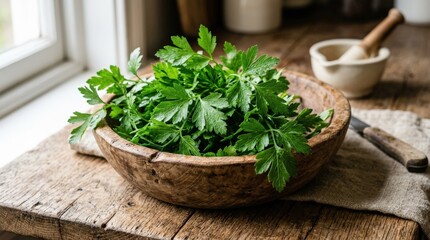 Healthy fresh parsley in a wooden bowl on a rustic textured surface, vibrant green herb close up for cooking and nutrition concept, natural light, realistic food detail, no logos