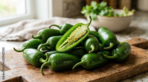 Jalapeno peppers pile with one cut piece on top showing seeds, fresh green chili close-up with glossy skin texture and spicy ingredient concept, natural light, realistic detail, clean composition,