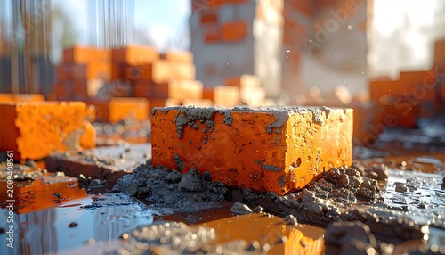 Close-up of wet orange bricks and mortar on a construction site
