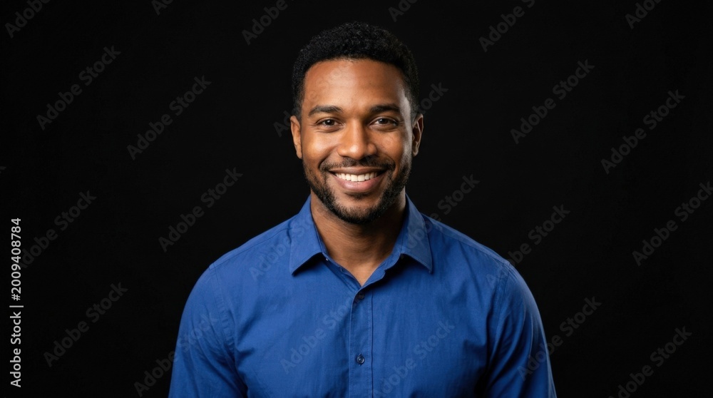 Fototapeta premium Portrait of handsome African American man smiling in blue shirt, studio shot isolated on black background, confident expression and clean lighting, no logos