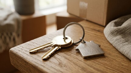 New house keys, real estate and homeownership concept, clean close-up still life, metallic detail, symbolic moving day mood, polished commercial stock appeal, soft atmospheric depth, no logos