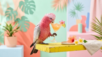 Pink parrot perched on a vibrant yellow ledge sipping from a martini glass with a citrus drink, playful tropical scene with pastel tones and modern editorial aesthetics, bright studio look, no logos