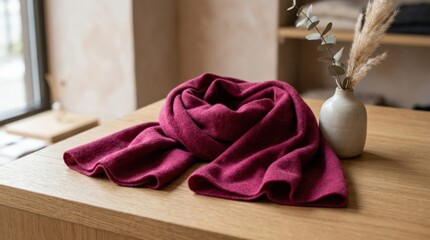 Dark pink scarf, fashion accessory still life, rich textile texture, elegant minimal styling, soft folds and refined color, polished retail stock appeal, soft atmospheric depth, no logos