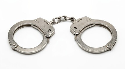 Realistic metal handcuffs on a white background, crime and law enforcement concept with clean isolated composition and polished steel texture, studio lighting, sharp detail, no logos