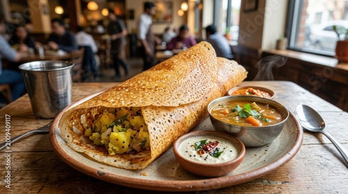 Crispy masala dosa with chutney and sambar, iconic South Indian breakfast featuring golden folded crepe and savory potato filling, strong appeal for restaurant menus and authentic cuisine promotion,