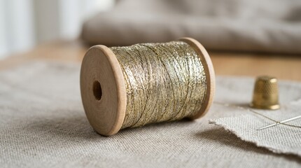 Spool of metallic thread close-up, sewing and fashion craft concept with reflective texture and clean minimal composition, soft light, realistic detail, no logos
