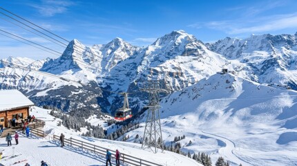 Snowy mountain landscape with cable under sunny blue sky, winter alpine travel scene with crisp slopes and high-altitude atmosphere, bright daylight, realistic detail, no logos