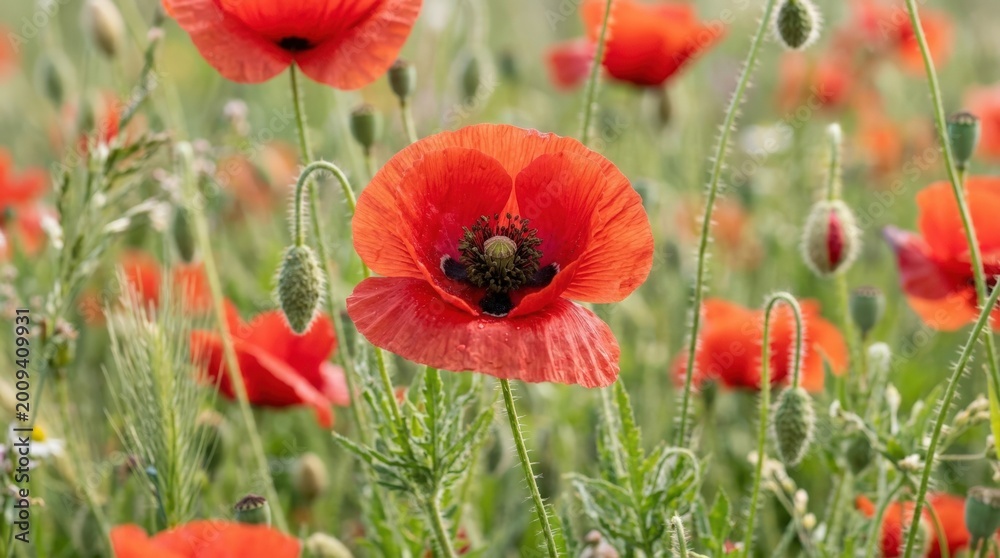 Fototapeta premium Poppy flowers close up, delicate red petals and soft botanical detail in a vibrant natural composition, strong commercial appeal for spring, remembrance, floral decor and seasonal nature themes,