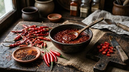 Red chilies spices and bowl of chili sauce on textured surface, spicy food concept, rich culinary composition, bold colors, dramatic light, realistic detail, no logos