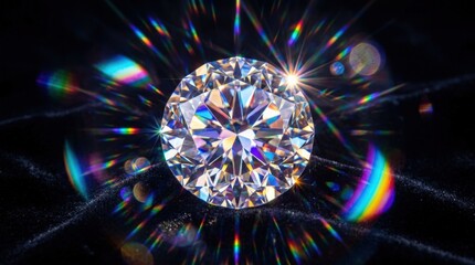 Kaleidoscopic diamond refracting light with colorful lens flare on dark background, luxury gemstone concept, radiant crystal optics, dramatic glow, elegant high-detail composition, no logos