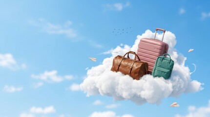 Travel luggage flying on a soft white cloud against blue background, dream travel concept with airy copy space and playful mood, realistic detail, no logos