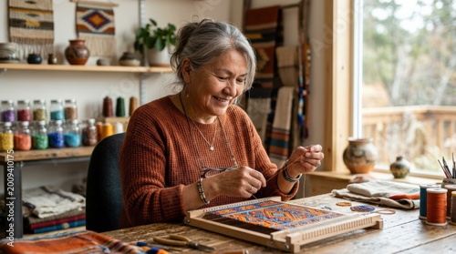 Senior Indigenous woman working portrait, commercial stock concept with strong visual hierarchy, marketable search appeal and refined contemporary styling, soft natural light, clean composition,