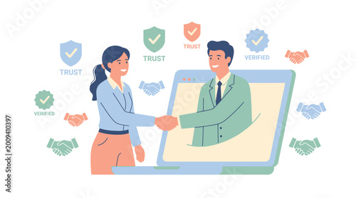Photos Two professionals shaking hands through a laptop screen symbolizing remote business partnership