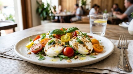 Mozzarella salad with fresh ingredients, light restaurant dish with creamy cheese and vibrant vegetables in clean plating, realistic detail, no logos