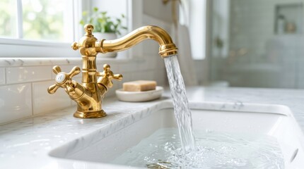 Close up of water flowing from a golden faucet into a sink, clean household plumbing and fresh water concept with elegant fixture detail, bright natural light, realistic motion, no logos