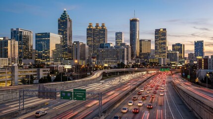 Atlanta Georgia downtown skyline over the freeway, urban cityscape for travel, business, transport and architecture themes, modern towers rising above multilane roads, evening glow, realistic