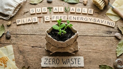 Eco zero waste concept with sprout and green leaves growing from recycled craft paper, sustainable plastic-free and energy-saving message in top view, realistic detail, no logos