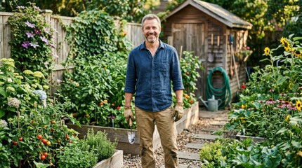 Man smiling at camera while standing in a backyard garden, relaxed home lifestyle portrait with gardening, fresh air and approachable personality, strong stock appeal for hobbies, wellness and outdoor