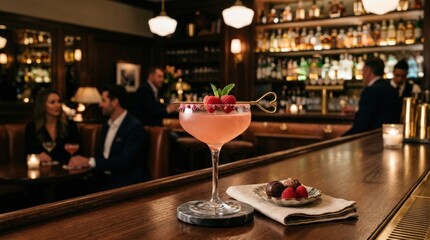 Elegant cocktail garnished with a heart shaped skewer, romantic drink presentation with refined glassware and stylish bar atmosphere, realistic detail, no logos