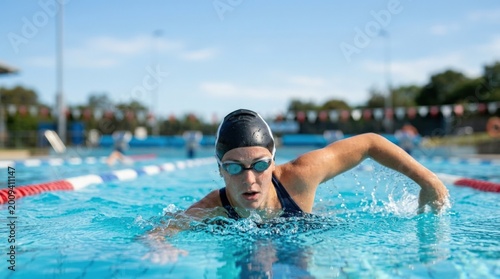 Swimmer in swimming pool with cap and integrated goggles, sporty banner portrait for fitness, competition, training, wellness, aquatic sports and lifestyle advertising, fresh water setting with strong